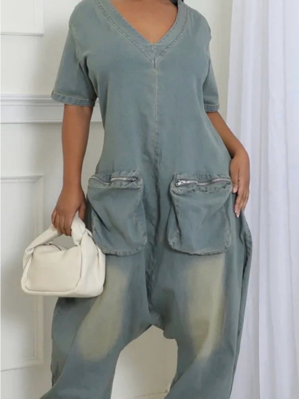 Denim Relaxed V-Neck Utility Jumpsuit in Washed Sage